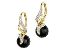 Kolczyki z żółtego złota z diamentami i onyksami - próba 585