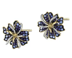 Kolczyki z żółtego złota z diamentami i szafirami - kwiaty - próba 585