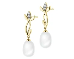 Kolczyki z żółtego złota z diamentami i perłami - próba 585