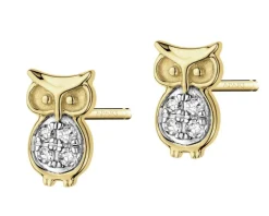 Kolczyki z żółtego złota z diamentami - sowy - 0,03 ct - próba 375