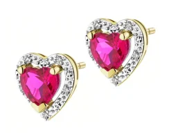 Kolczyki z żółtego złota z diamentami i rubinami syntetycznymi - serca - próba 375