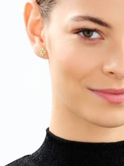 Kolczyki z żółtego złota z diamentami i kamieniami ozdobnymi - koniczyny, serca - próba 375