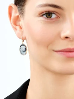 Kolczyki z żółtego złota z diamentami i agatami - kamea - próba 585