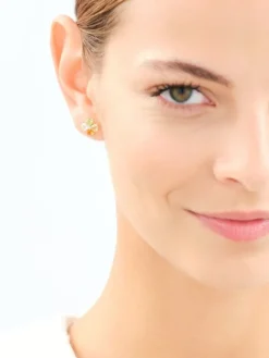 Kolczyki z żółtego złota z diamentami i kamieniami ozdobnymi - koniczyny - próba 585