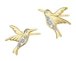 Kolczyki z żółtego złota z diamentami - kolibry - 0,03 ct - próba 375