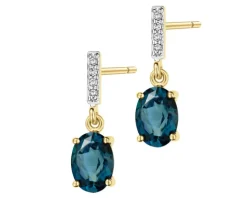Kolczyki z żółtego złota z diamentami i topazami London Blue - próba 585