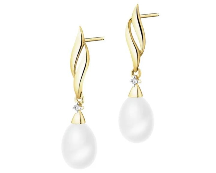 Kolczyki z żółtego złota z diamentami i perłami - próba 585