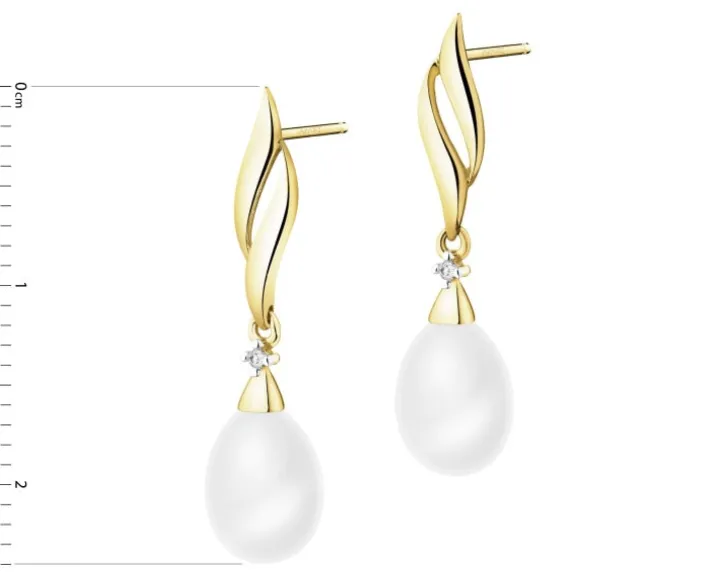 Kolczyki z żółtego złota z diamentami i perłami - próba 585