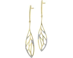 Kolczyki z żółtego złota z diamentami - liście - 0,12 ct - próba 585