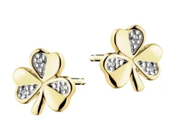 Kolczyki z żółtego złota z diamentami - koniczyny - 0,01 ct - próba 375