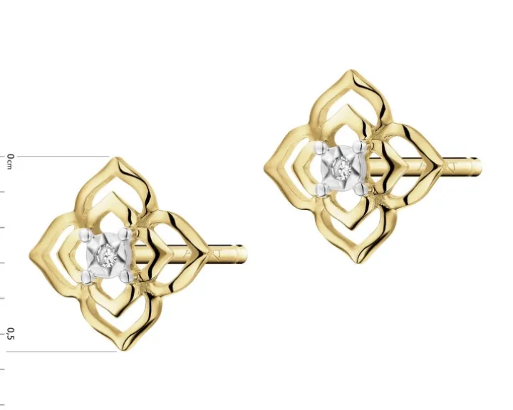 Kolczyki z żółtego złota z diamentami - kwiatki - 0,006 ct - próba 585