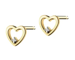 Kolczyki z żółtego złota z diamentami - serca - 0,008 ct - próba 585