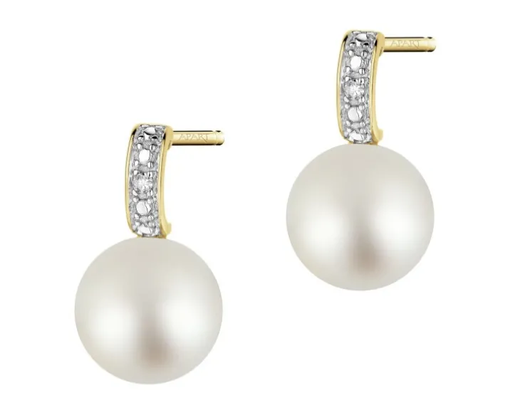 Kolczyki z żółtego złota z diamentami i perłami - próba 585