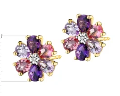 Kolczyki z  żółtego złota z diamentami, ametystami i turmalinami - próba 375