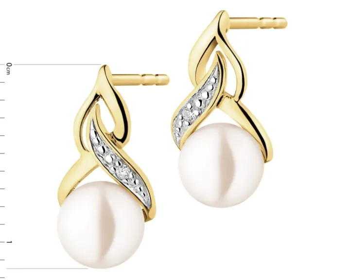 Kolczyki z żółtego złota z diamentami i perłami - próba 375