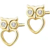 Kolczyki z żółtego złota z diamentami - sowy, serca - 0,01 ct - próba 375