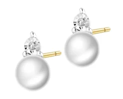 Kolczyki z żółtego złota z diamentami i perłami - próba 375