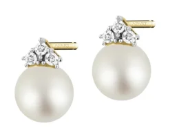 Kolczyki z żółtego złota z diamentami i perłami - próba 585