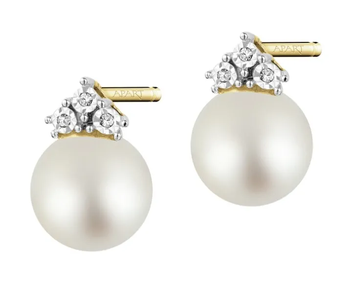 Kolczyki z żółtego złota z diamentami i perłami - próba 585