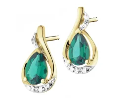 Kolczyki z żółtego złota z diamentami i szmaragdami syntetycznymi - próba 375