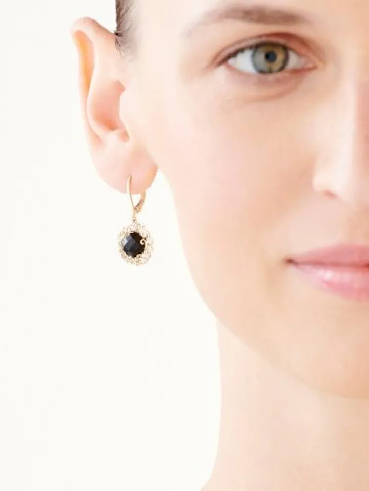 Kolczyki z żółtego złota z diamentami i onyksami - próba 585