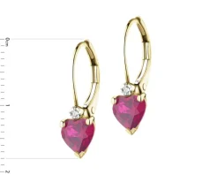 Kolczyki z żółtego złota z diamentami i rubinami syntetycznymi - serce - próba 375