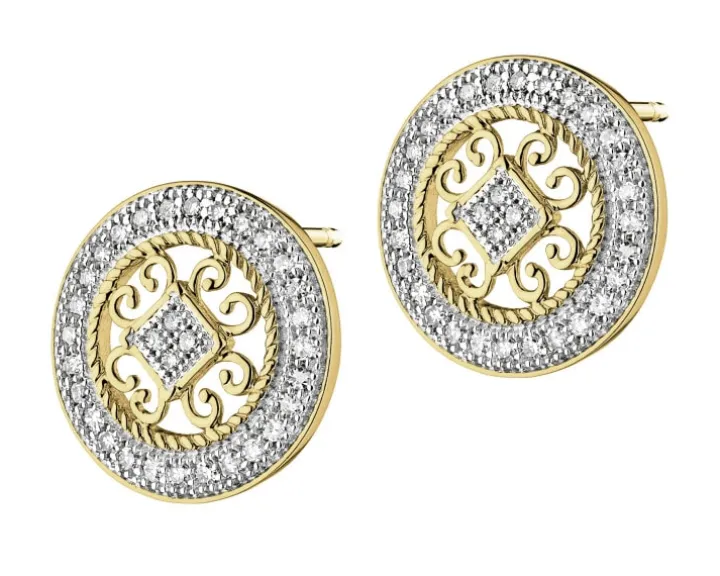 Kolczyki z żółtego złota z diamentami - rozety - 0,18 ct - próba 585