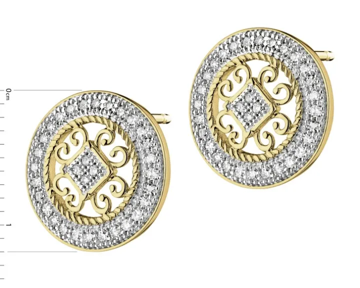 Kolczyki z żółtego złota z diamentami - rozety - 0,18 ct - próba 585