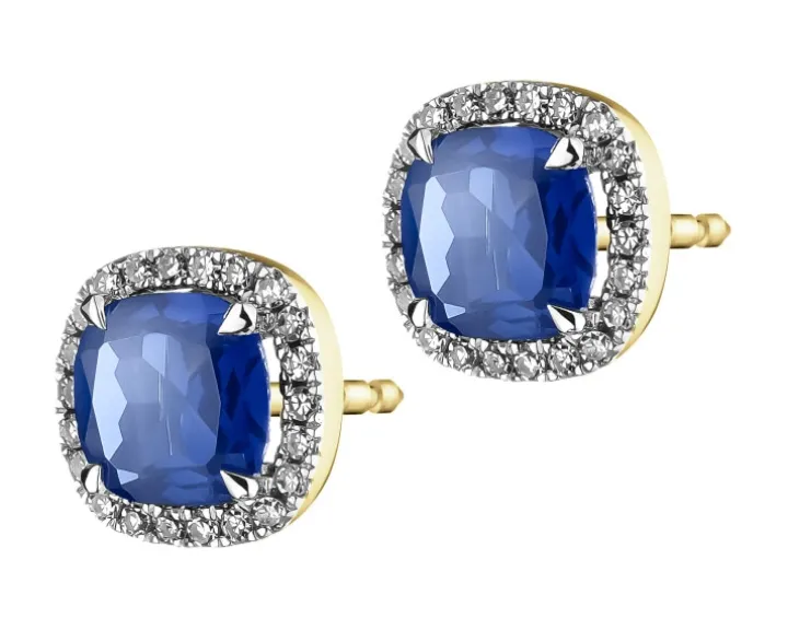 Kolczyki z żółtego złota z diamentami i szafirami syntetycznymi - próba 375
