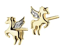 Kolczyki z żółtego złota z diamentami - jednorożce - 0,006 ct - próba 375