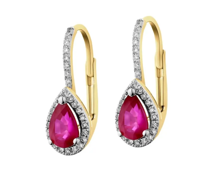 Kolczyki z żółtego złota z diamentami i rubinami - próba 585