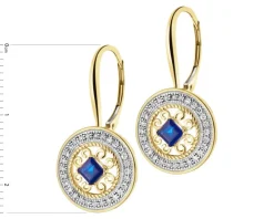 Kolczyki z żółtego złota z diamentami i szafirami - rozety - próba 585