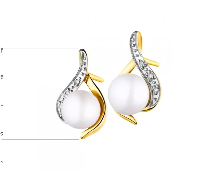 Kolczyki z żółtego złota z diamentami i perłami - próba 375