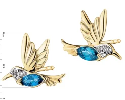 Kolczyki z żółtego złota z diamentami i topazami London Blue - kolibry - próba 585