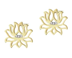Kolczyki z żółtego złota z diamentami - kwiaty lotosu - 0,01 ct - próba 375