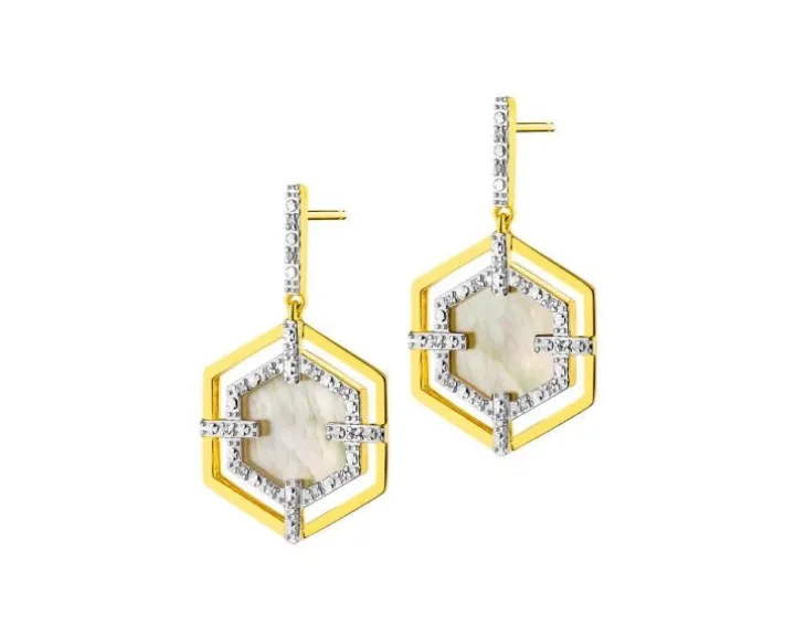 Kolczyki z żółtego złota z diamentami i masą perłową - próba 585