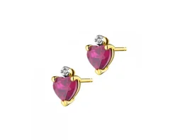 Kolczyki z żółtego złota z diamentami i rubinami syntetycznymi - serca - próba 375