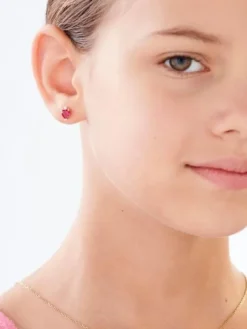 Kolczyki z żółtego złota z diamentami i rubinami syntetycznymi - serca - próba 375