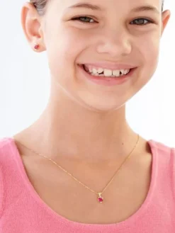 Kolczyki z żółtego złota z diamentami i rubinami syntetycznymi - serca - próba 375