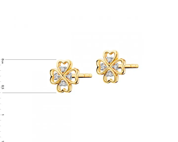 Kolczyki z żółtego złota z diamentami - koniczyny - 0,02 ct - próba 375