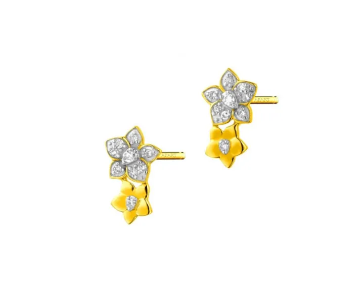 Kolczyki z żółtego złota z diamentami - kwiaty - 0,06 ct - próba 585