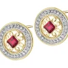 Kolczyki z żółtego złota z diamentami i rubinami - rozety - próba 585