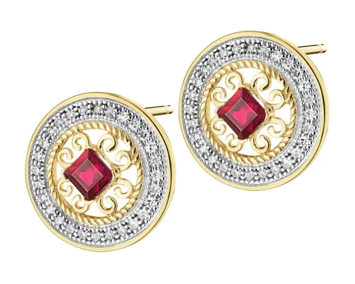 Kolczyki z żółtego złota z diamentami i rubinami - rozety - próba 585