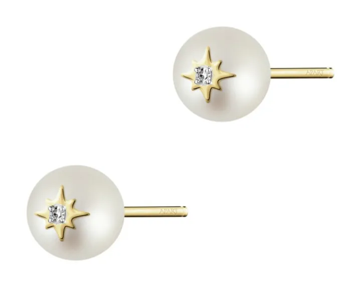 Kolczyki z żółtego złota z diamentami i perłami - próba 375