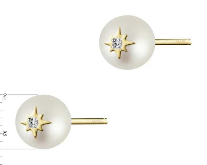 Kolczyki z żółtego złota z diamentami i perłami - próba 375