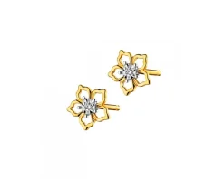 Kolczyki z żółtego złota z diamentami - kwiaty - 0,006 ct - próba 585
