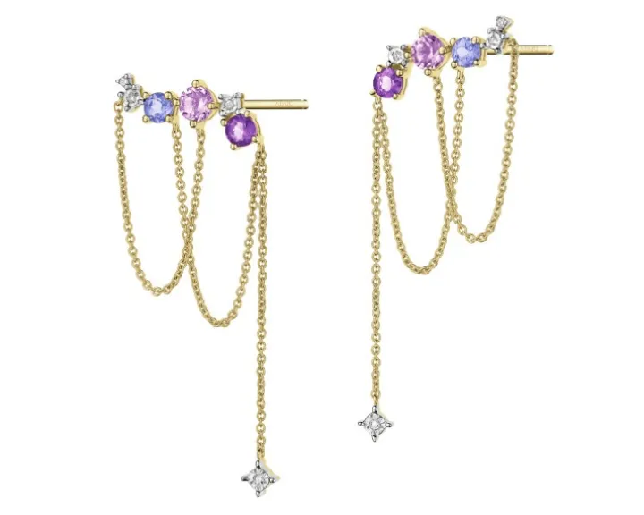 Kolczyki z żółtego złota z diamentami, ametystami i tanzanitami - próba 375