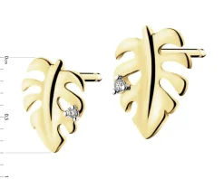 Kolczyki z żółtego złota z diamentami - monstera - 0,008 ct - próba 375