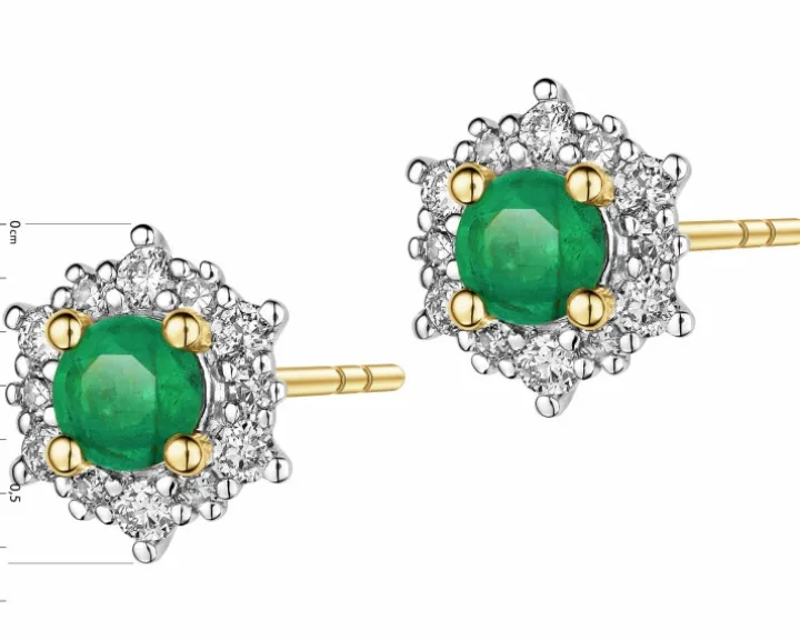 Kolczyki z żółtego złota z diamentami i szmaragdami - próba 585