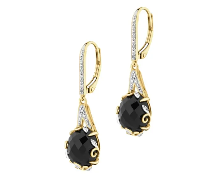 Kolczyki z żółtego złota z diamentami i onyksami - próba 585